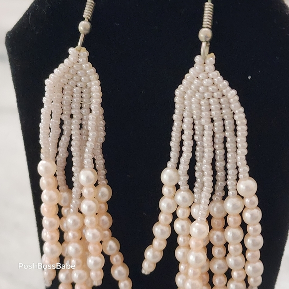 Vintage Pearl Beaded Fringe Earrings – 3” Drop Statement Pair - Picture 6 of 6